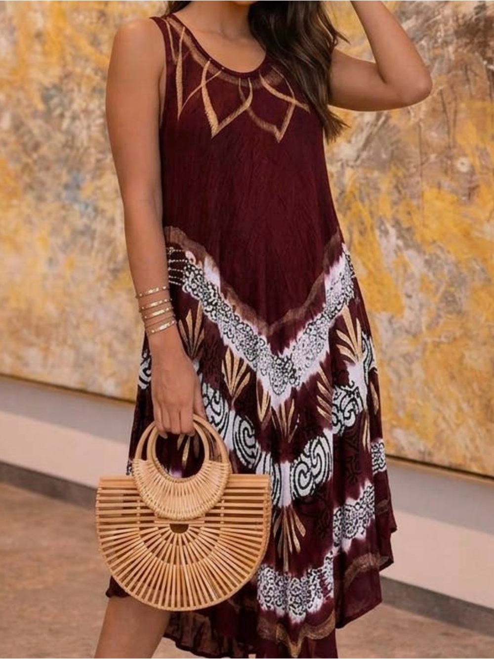 Fashion Style Sleeveless Sundress in Brown & White with Golden Accents